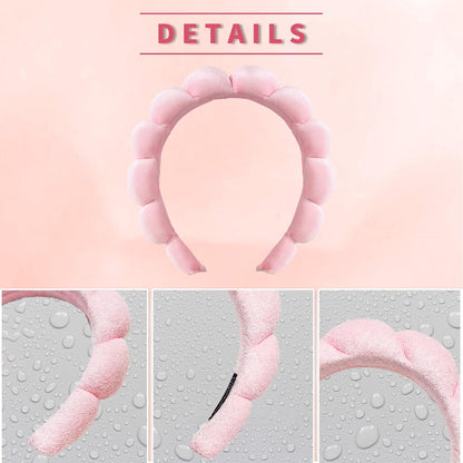 Puffy Makeup Spa Headband for Women - Plush Sponge & Terry Towel Fabric Skincare Accessory for Face Washing, Makeup Removal, Shower, and Facial Masks (Pink)