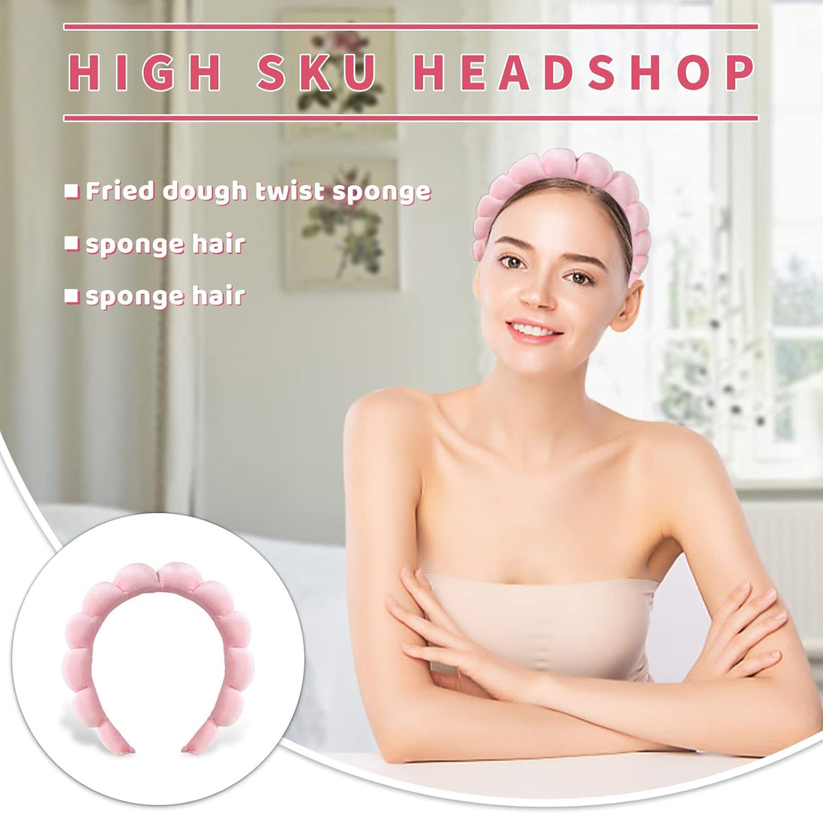Puffy Makeup Spa Headband for Women - Plush Sponge & Terry Towel Fabric Skincare Accessory for Face Washing, Makeup Removal, Shower, and Facial Masks (Pink)