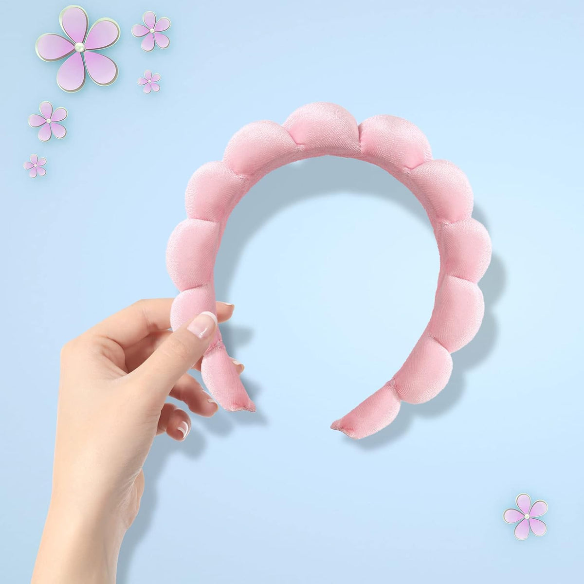 Puffy Makeup Spa Headband for Women - Plush Sponge & Terry Towel Fabric Skincare Accessory for Face Washing, Makeup Removal, Shower, and Facial Masks (Pink)
