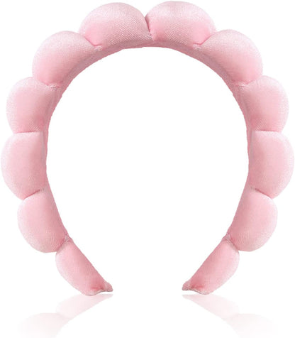Puffy Makeup Spa Headband for Women - Plush Sponge & Terry Towel Fabric Skincare Accessory for Face Washing, Makeup Removal, Shower, and Facial Masks (Pink)